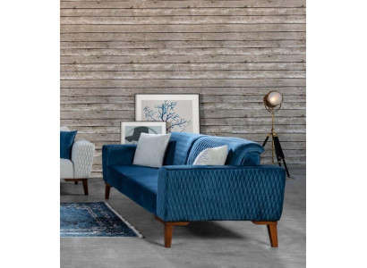 Zils dīvāns ar trim sēdvietām, elegantā mīkstā mēbeles dzīvojamajā istabā, audekls