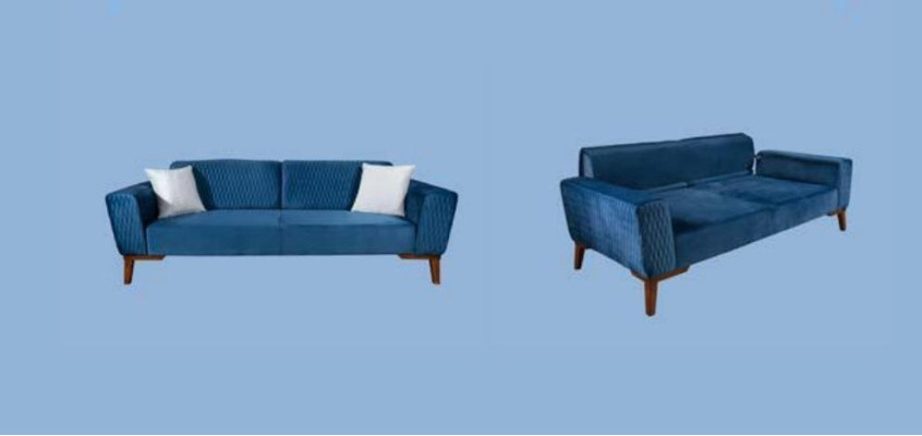 Zils dīvāns ar trim sēdvietām, elegantā mīkstā mēbeles dzīvojamajā istabā, audekls