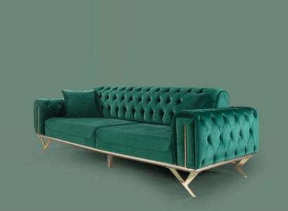 Zaļā Chesterfield dīvāns ar trim sēdvietām, auduma, koksnes.