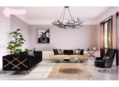Sofagarnitūra Melna gulta 3+3+1 vietas krēsls Elegantais metāls audekls