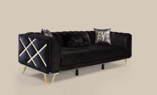 Sofagarnitūra Melna gulta 3+3+1 vietas krēsls Elegantais metāls audekls