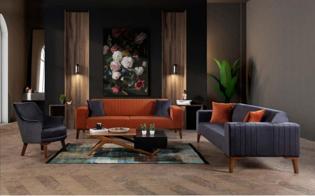 Oranžais trīsvietīgais dīvāns Elegantā dīvāna sēdvietas mājvietas samts