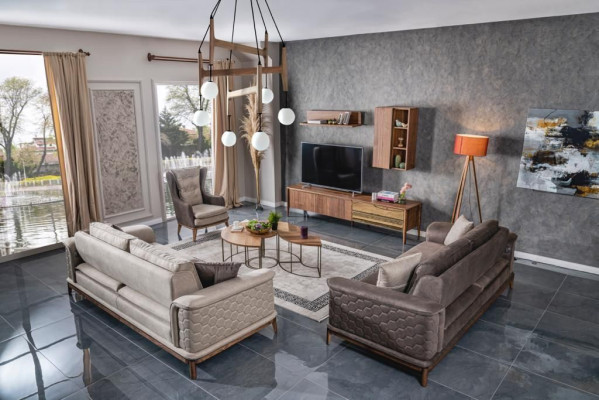 Sofa Lux pryžu galds Ziras pirmais Sitzer audums mūsdienīgs dizains jauns
