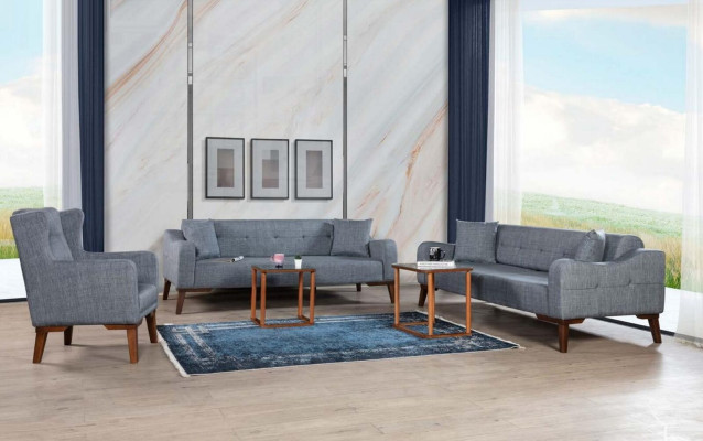 Sofas komplekts 3+3+1 sēdvietām, komplektā divi divvietīgi dīvāni un viens krēsla. Tekstila pārklājums, 3 gabali.
