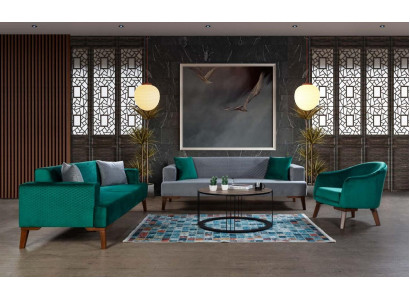Sofas komplekts 3+3+1 sēdvietu dizaina dzīvojamais stūris pelēkā tumši zilā un zaļā krāsā.