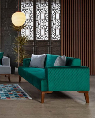 Sofas komplekts 3+3+1 sēdvietu dizaina dzīvojamais stūris pelēkā tumši zilā un zaļā krāsā.
