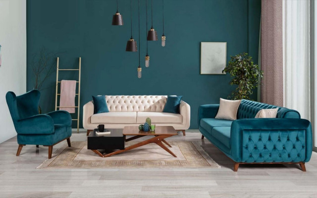 Dīvāns komplekts 3+3+1 pārklājuma dīvāns audums Chesterfield dzīvojamā istaba 3gab.