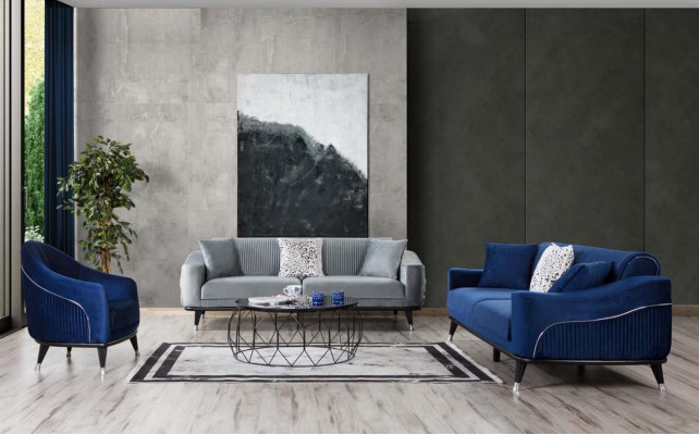 Sofasets 3+3+1 ​​Sēdvietas Kanapes Apgalvoti Dīvāni Koki pelēks zils Veltņu