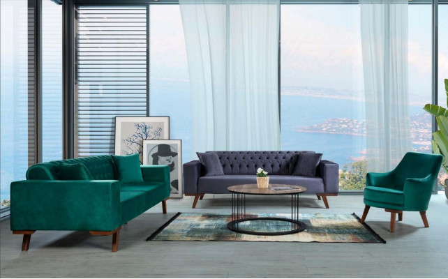 Sofas komplekts 3+3+1 sēdvietas Dzīvojamais stils Dīvāns Sofa Violeta Tirkuāzija