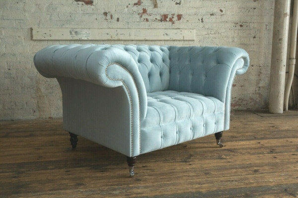 Chesterfield dizaina auduma dīvāns krēsla 1,5 sēdvietu mīkstie dīvāni atpūtas zona zilā zamša.