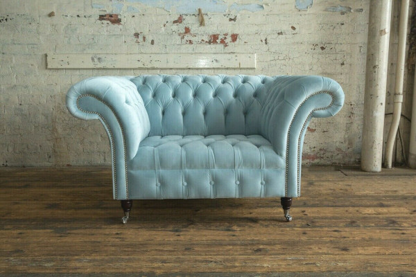 Chesterfield dizaina auduma dīvāns krēsla 1,5 sēdvietu mīkstie dīvāni atpūtas zona zilā zamša.