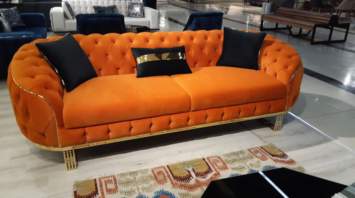 Stilīgs 3-vietīgs dīvāns Chesterfield Oranžs Moderns Dzīvojamā istaba mēbeles