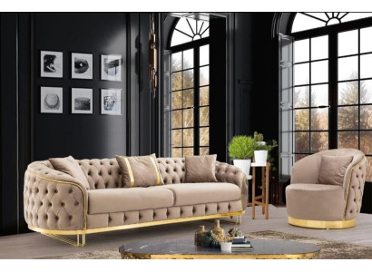 Dizainera dzīvojuma istabas komplekts ar 3-vietīgu dīvānu un krēslu, beige krāsā, 2 daļas, jauns
