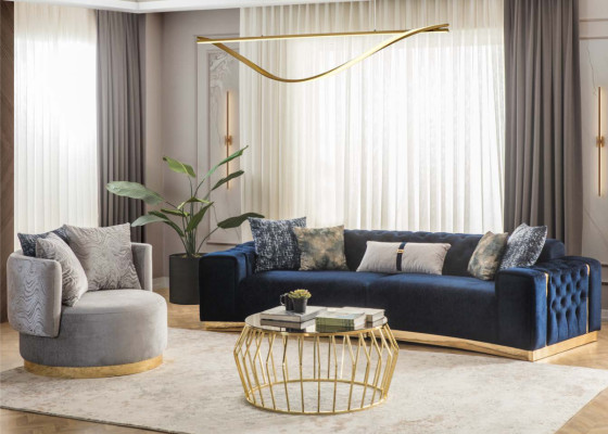 Sēdvietu komplekts ar mēbelēm. Zils tīreedbidrigais modernais trīsvietīgais krēsls jauns