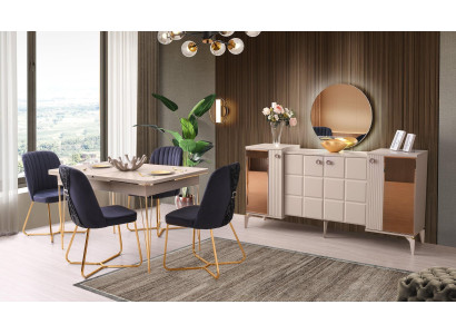 Ēdamistabas komplekts 6 gabalu beige ēdamistaba galdi krēsli galds ar spoguļa sējumu moderns dizains