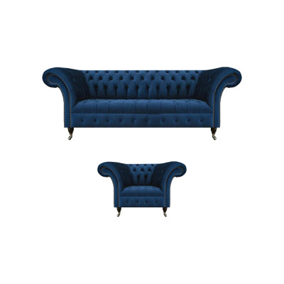 Zils Chesterfield Garnitūra dizaina divvietīga auduma krēsla 2 gab. mēbeles