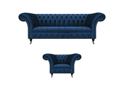 Zils Chesterfield Garnitūra dizaina divvietīga auduma krēsla 2 gab. mēbeles