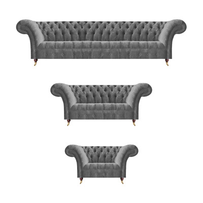 Nocietināts "Chesterfield" dīvāngarnitūra, pelēka tekstila, četru sēdvietu, izpildi gultas krēsls