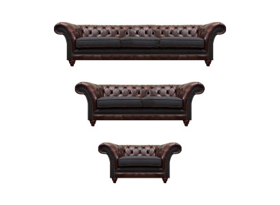 Chesterfield Brūna-Pelēka dīvāngarnitūra ar ādas dīvāniem, dizainera komplekts 3 gabali.