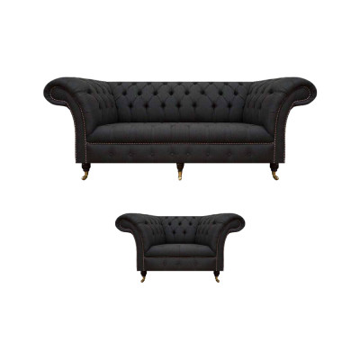 Chesterfield melnas auduma komplekts dizainera 3-vietīgā dīvāna krēsls 2 gab.