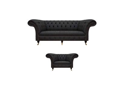 Chesterfield melnas auduma komplekts dizainera 3-vietīgā dīvāna krēsls 2 gab.