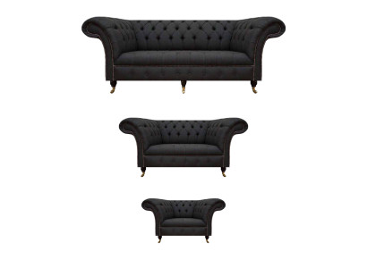 Chesterfield melnā dzīvojamā istabas dīvāns komplektā 3 gabalu komplektā