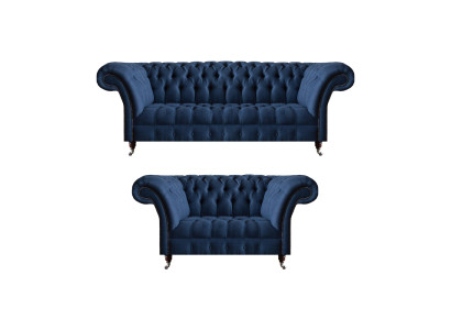 Zila Chesterfield tekstila dīvānu komplekts ar divvietīgu sofa komplektu