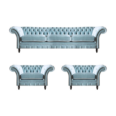 Chesterfield dīvāns Mēbeles Zila dīvāngarnitūra 3-vietīgs 2x krēsls