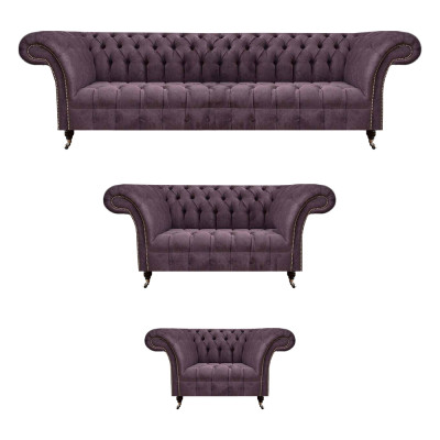 Chesterfield Lila Tekstila dīvāns ar dizainera polsterējumu, 3 daļu komplekts.