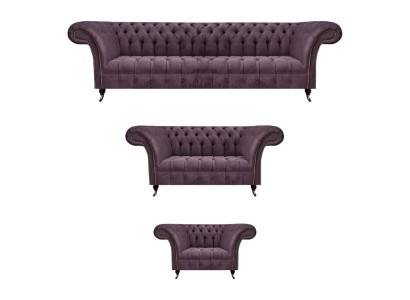 Chesterfield Lila Tekstila dīvāns ar dizainera polsterējumu, 3 daļu komplekts.