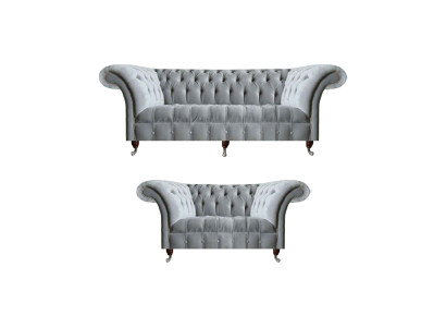 Chesterfield gaiši pelēka polsterēta dīvāna garnitūra, dizainera 2x auduma dīvāni 2 daļas