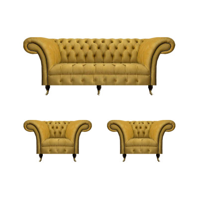 Chesterfield Dzeltenais sēdvietu komplekts dizaina trīssēdvietīgs Kristīgs krēsla komplekts 3 gab.