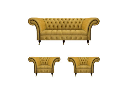 Chesterfield Dzeltenais sēdvietu komplekts dizaina trīssēdvietīgs Kristīgs krēsla komplekts 3 gab.