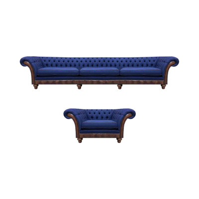 Zilā Chesterfield mēbeles dizainera 3-vietīgs dīvāns auduma krēsls 2 gab.