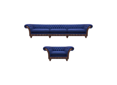 Zilā Chesterfield mēbeles dizainera 3-vietīgs dīvāns auduma krēsls 2 gab.