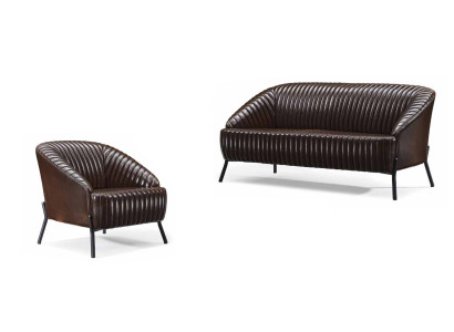 Brūna ādas sofa dzīvojamā istaba divvietīgā dīvānā dizainera ādas krēslā 2 gabali.