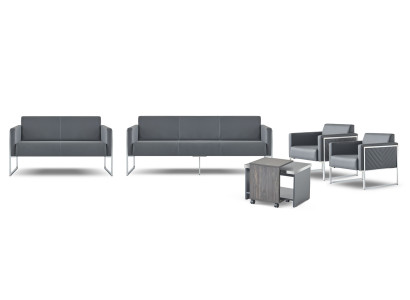 Darba istabas komplekts 5 gab 3-vietīgā dīvānā, 2-vietīgā dīvānā, 2 krēslos, galds pelēkā stilā.