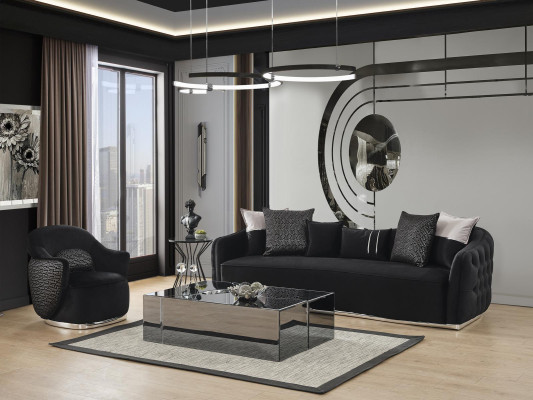 Sofa komplekts 4-vietīgais dīvāns Krēsls Cetrsešu plats Audums Melns Poliesters