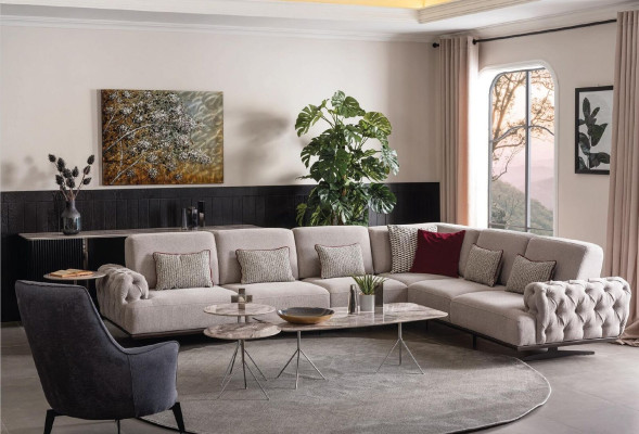 Stūra dīvāns 2x galds stumbrs komplekts galds dzīvojamās istabas zonā formā mēbeles.