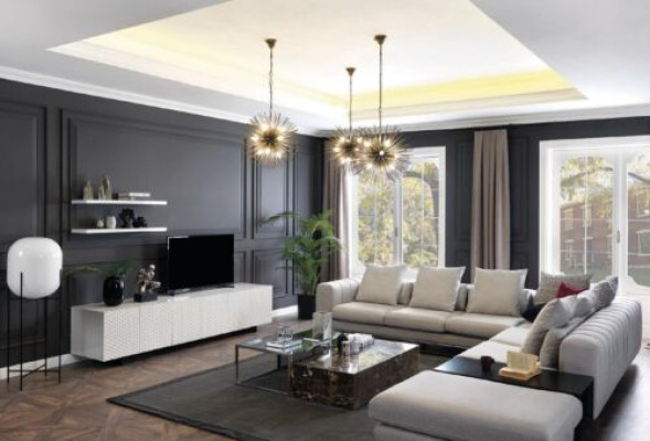 Stūra dīvāns L formas dīvāns TV statīvs dizaina dīvāns polsterētais tekstils 2 gabali.