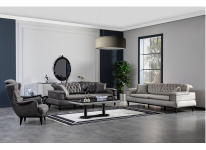 Sofasēžu komplekts ar 3 vietām, kumode ar spoguli, galds komplekts Luksuss.