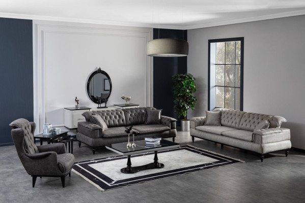 Sofasēžu komplekts ar 3 vietām, kumode ar spoguli, galds komplekts Luksuss.