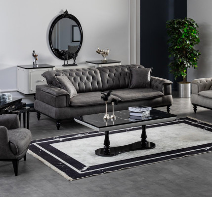 Sofasēžu komplekts ar 3 vietām, kumode ar spoguli, galds komplekts Luksuss.