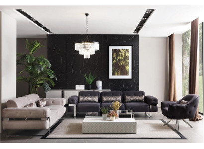 Sofas ar auduma 3+1 sēdvietām un 3 dīvāniem-galdiņiem dizaina dīvāns.