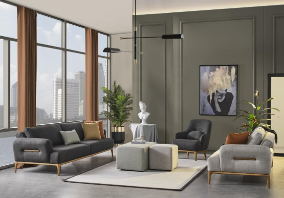 Sofas Komplekts Dīvāns Krēsls 3+2+1 Audums Luksuss Pelēka Dīvāni Dzīvojamā istaba