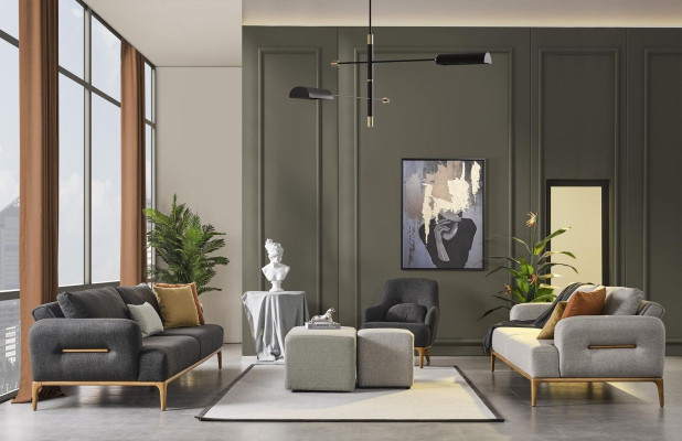 Sofas Komplekts Dīvāns Krēsls 3+2+1 Audums Luksuss Pelēka Dīvāni Dzīvojamā istaba