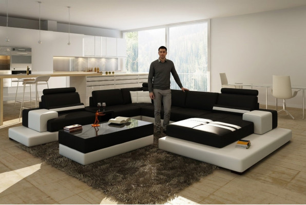 Mūsdienīga XXL lielmēra dzīvojamo telpu iekārtojuma dīvāna sofa galds ar stūrvienu dīvānu komplektu