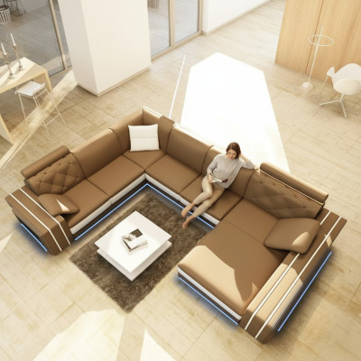 XXL Lielais dzīvojamā istaba Soļa stūra sofa Stūra dīvāns Sēdvietu komplekts Ādas dīvāni