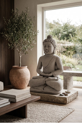 Buddas skulptūra akmeņu imitācijā. Dekoratīva liela skulptūra dārzam.