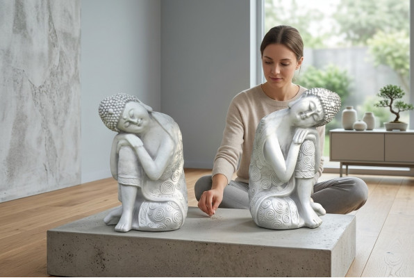 Dekoratīvā Buddha skulptūra akmens stilā. Liela skulptūra dārza figūrai.